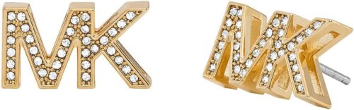 Michael Kors Brass and Pavé Crystal MK Logo Stud Earrings