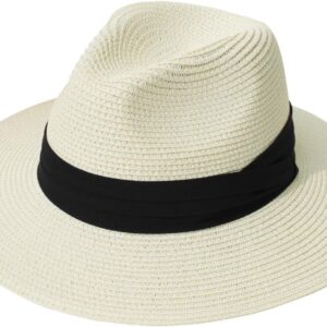 Lanzom Women Wide Brim Straw Panama Roll up Hat Fedora