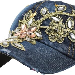 Women Embroidered Baseball Cap Vintage Rhinestone Flower Cap...