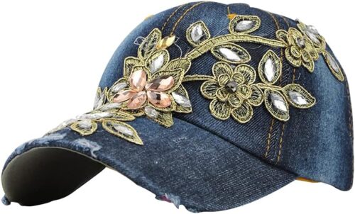 Women Embroidered Baseball Cap Vintage Rhinestone Flower Cap...