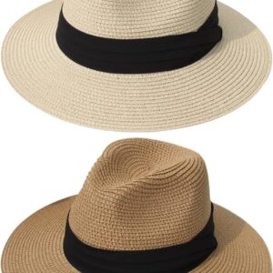 DRESHOW Women Straw Panama Hat Travel Fedora Beach Sun Hat