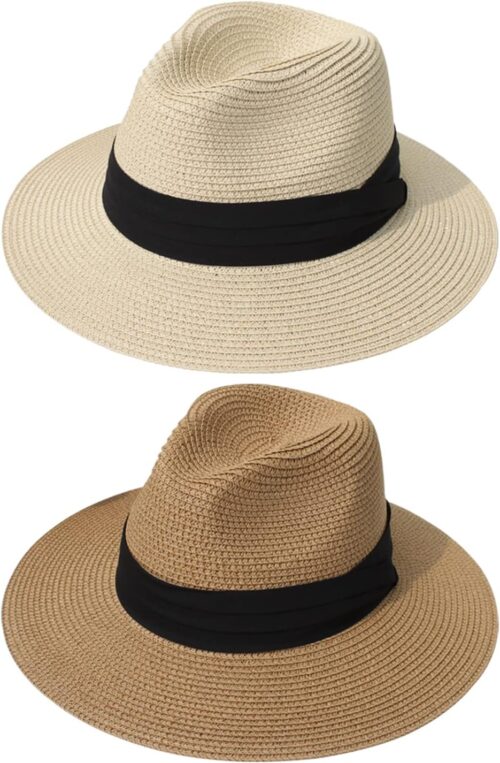 DRESHOW Women Straw Panama Hat Travel Fedora Beach Sun Hat