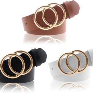 Women's PU Leather Belt Double O Ring Soft Faux Leather