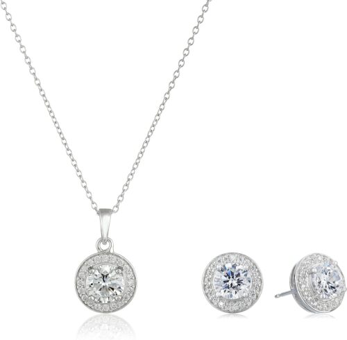 Amazon Essentials womens Sterling Silver Cubic Zirconia Halo...
